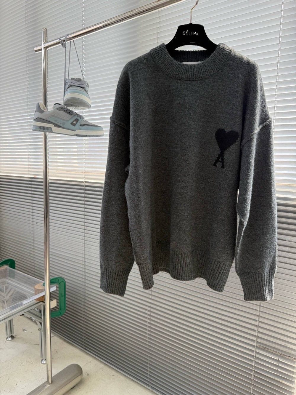 Ami Gray Crewneck Sweater with Black Heart 'A' Motif